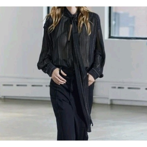 Zara Tops - Zara ZW Collection Metallic Thread Semi-sheer Tie Neck Blouse Black Sz M NWT